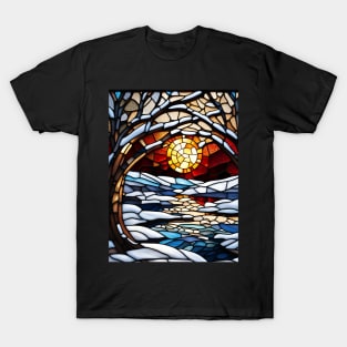 Stained Glass Snowy Winter Scene T-Shirt